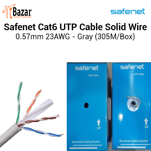 Safenet Cat6 UTP Cable Solid Wire  0.57mm 23AWG - Gray (305M/Box)