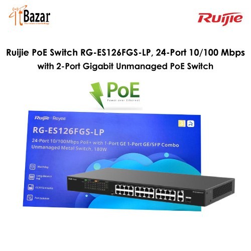 Ruijie PoE Switch RG-ES126FGS-LP, 24-Port 10/100 Mbps with 2-Port Gigabit Unmanaged PoE Switch