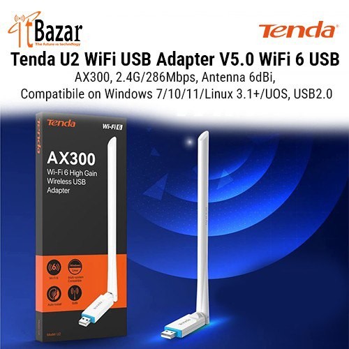 Tenda U2 WiFi6 USB Adapter V5.0 WiFi 6 USB AX300, 2.4G/286Mbps
