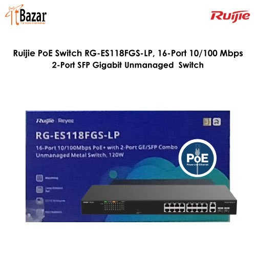 Ruijie PoE Switch RG-ES118FGS-LP, 16 Port 10/100 Mbps with 2Port Gigabit Unmanaged PoE Switch