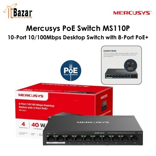 Mercusys PoE Switch MS110P 10-Port 10/100Mbps Desktop Switch with 8-Port PoE+